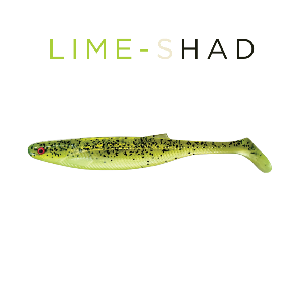  Lime-shad fishing lure on a white background with 'LIME-SHAD' text above.
