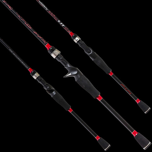 Three views of a black and red fishing rod with a black handle grip and silver reel seat, shown on a solid white background.