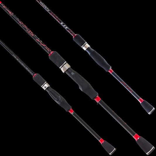 Three views of a black fishing rod with red and white graphics, black foam grips, and silver metal accents, set against a solid white background.
