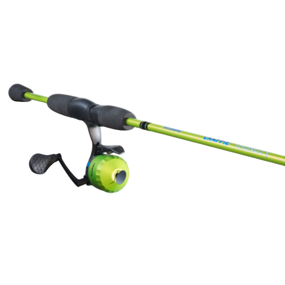 Fishing rod and reel set with green and black design on a white background