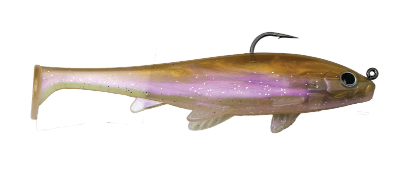Fishing lure with a pink and gold body on a white background