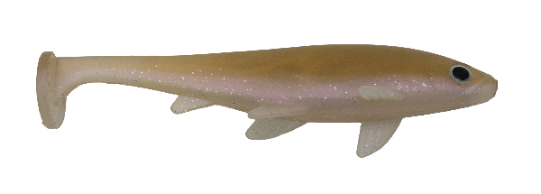 Silicone fishing lure with a white and gold color scheme on a white background