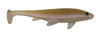 Silicone fishing lure with a white and gold color scheme on a white background