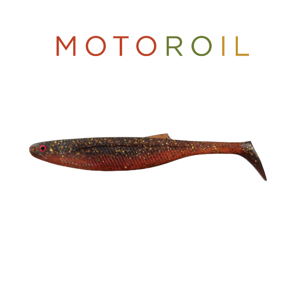 Fishing lure with 'MOTOROIL' branding on a white background