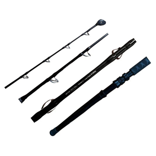 Fishing rod with three sections on a white background