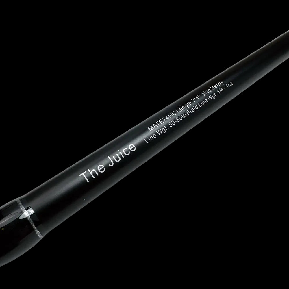 Black fishing rod with 'The Juice' branding on a white background