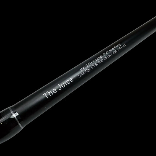 Black fishing rod with 'The Juice' branding on a white background