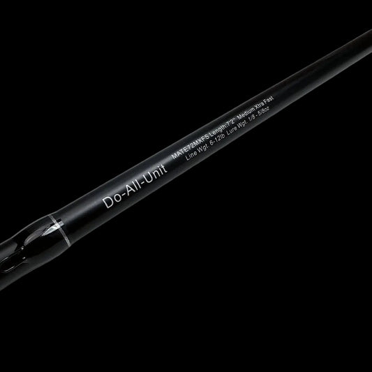 Black fishing rod with text on a white background