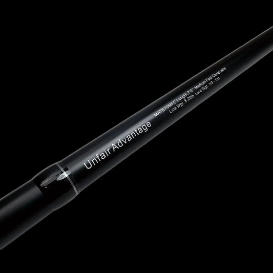 Black fishing rod with 'Unfair Advantage' branding on a white background