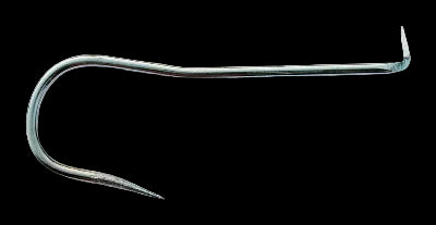 A single metallic silver fishing hook with a curved body and a sharp pointed tip, shown on a plain white background.
