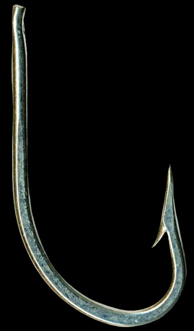 A single metal fishing hook shown on a plain white background.