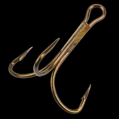 Two gold fishing hooks on a white background