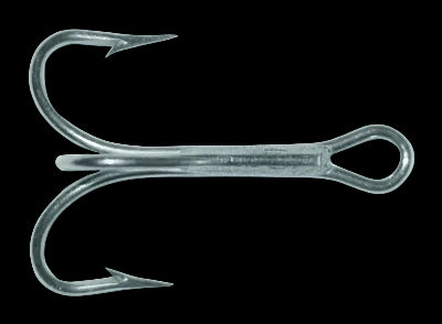 A single metallic silver double hook fishing lure, shown against a plain white background.
