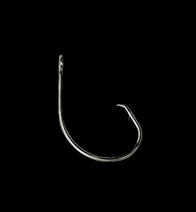 A single metallic fishing hook with a curved body and sharp point, shown on a plain white background.