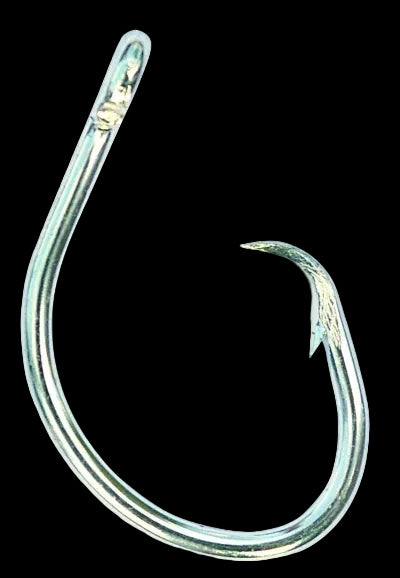A single metallic fishing hook with a silver finish, isolated on a white background with a soft drop shadow.