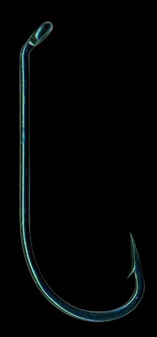 A single dark metallic fishing hook with a curved body and sharp point, isolated on a plain white background.