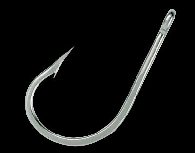 A single metallic silver fishing hook with a sharp point and a loop at the top, isolated on a plain white background.