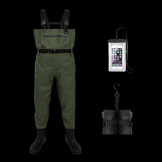 Green waders with suspenders, black boots, and a waterproof phone case on a white background