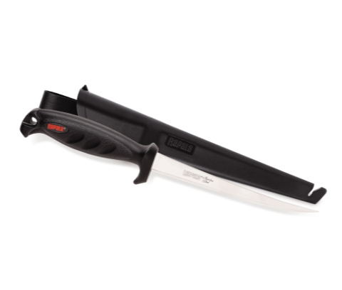 Black-handled Rapala fillet knife with a silver blade, partially in a black sheath.