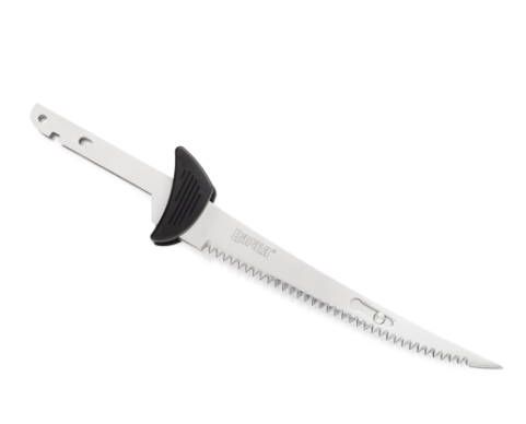 Shiny silver serrated Rapala replacement blade with a black plastic guard.
