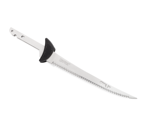 Metallic Rapala serrated electric fillet knife blade with black handle attachment.