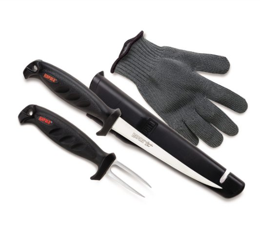 Black-handled Rapala fillet knife, fork, sheath, and grey glove.