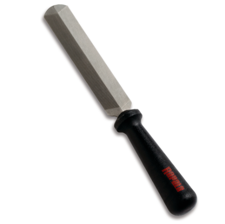 Angled Rapala hook file with gray hexagonal blade and black textured handle.