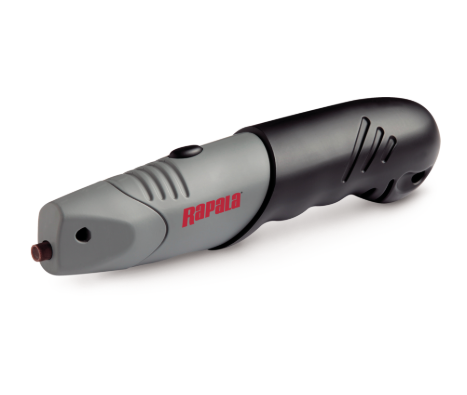 Angled grey and black Rapala electric fishing tool with a sharpener tip.