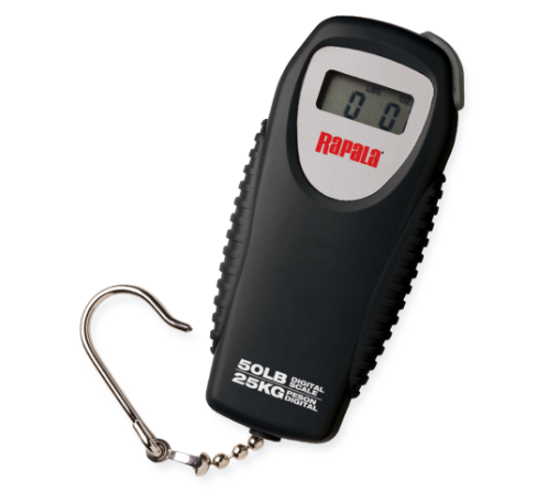 Rapala 25kg digital hanging scale with a black body, silver grip, LCD display, and attached metal hook on a white background.