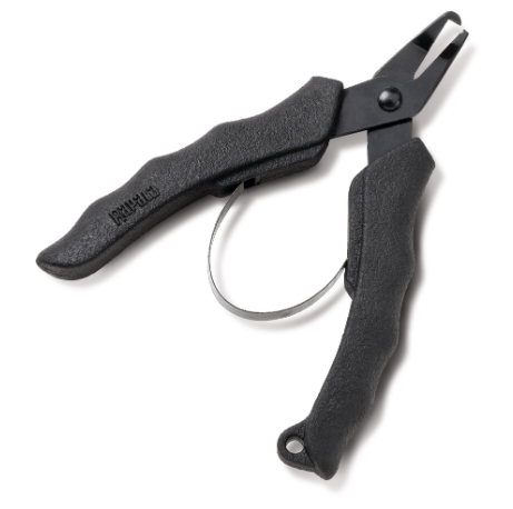 Black Rapala mini split ring pliers with ergonomic textured handles and spring.
