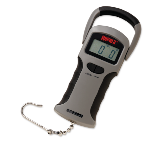Angled gray and black Rapala digital fish scale with a metal hook.