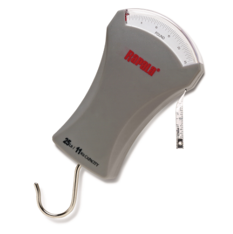 Angled gray Rapala mechanical fish scale with a hook and tape.