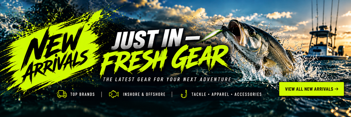 Promotional banner with a large fish jumping from the water under a boat at sunset, with bold text reading 'NEW ARRIVALS' and 'JUST IN - FRESH GEAR,' plus smaller text about top brands, insurable & offshore, tackle, apparel, and accessories.