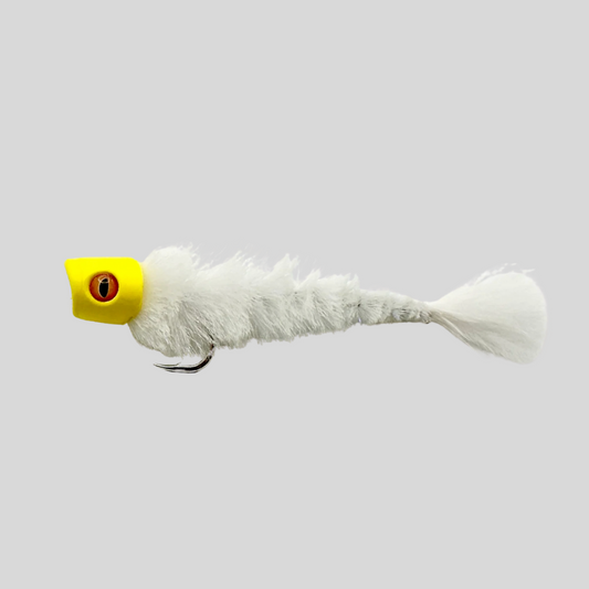Next Game Changer Popper | Articulated Game Changer Body + Howitzer Popper Head | Multi-Segment Topwater Fly | 3", 4" & 6" | White/Yellow | Bass, Snook, Tarpon, GT & Pike | Flymen