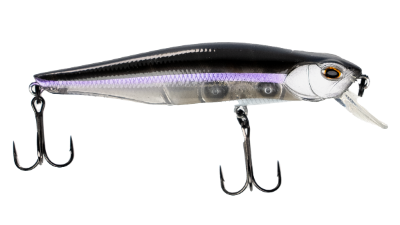 Fishing lure with a white and black body on a white background