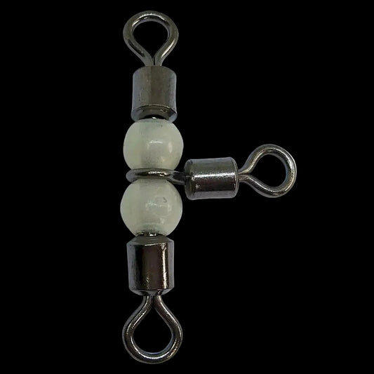 A fishing lure weight or jig head component featuring two round, pale greenish-white beads suspended between dark metallic swivel connectors with loop ends, shown on a plain white background.