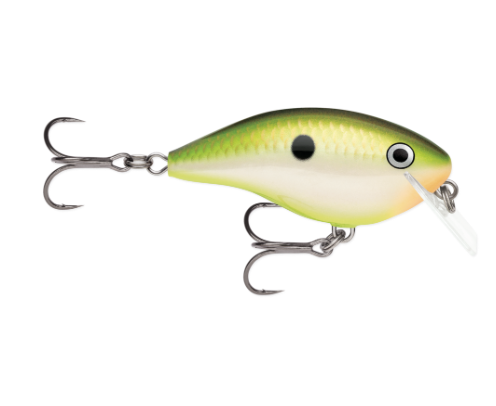 Green and white fishing lure with black spot, clear lip, and treble hooks.