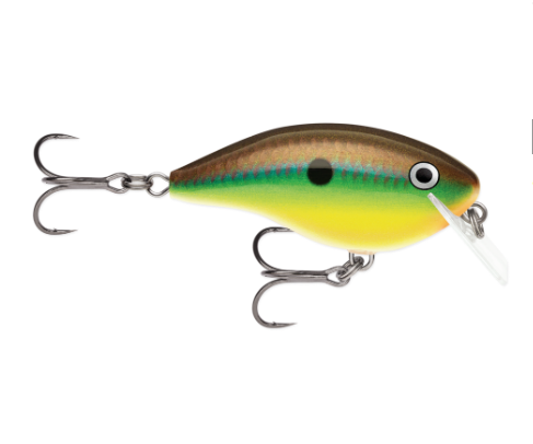 Brown, green, and yellow bream-pattern fishing lure with black spot and hooks.