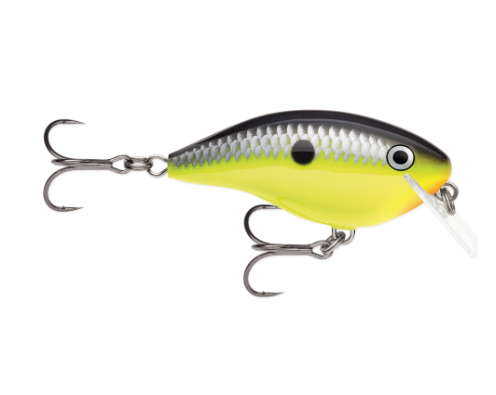 A chartreuse and black fishing lure with silver scales and two treble hooks.