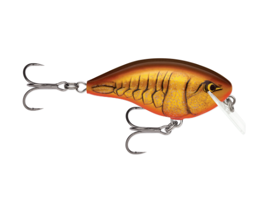 Dark brown and gold crawdad fishing lure with two treble hooks.