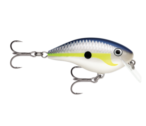 Blue and silver fishing lure with yellow stripe and two treble hooks.