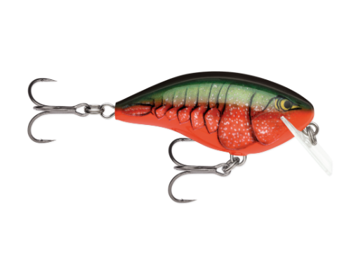 Bright red and green crawdad pattern fishing lure with two silver treble hooks.