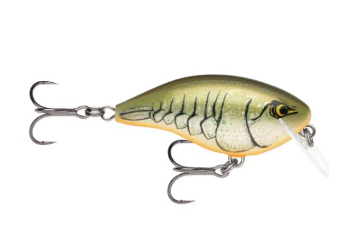 Green and tan crankbait fishing lure with scale pattern, clear lip, and two hooks.