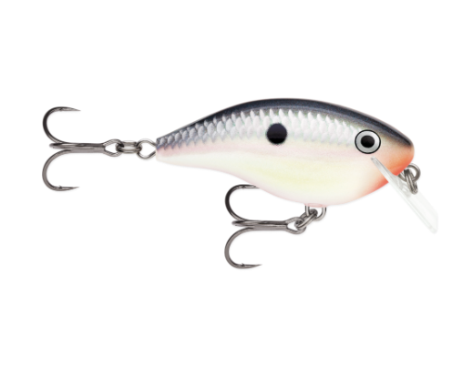 A grey, silver, and white fishing lure with a black spot and two treble hooks.