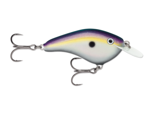 Side view of a purple, yellow, and white shad fishing lure with two treble hooks.