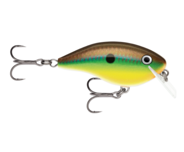 Brown, green, and yellow fishing lure with a clear lip and two treble hooks.