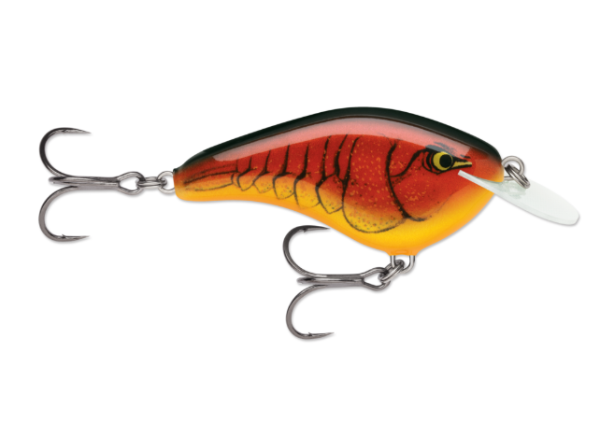 Glossy red and orange crawdad crankbait with a yellow belly and white diving lip.