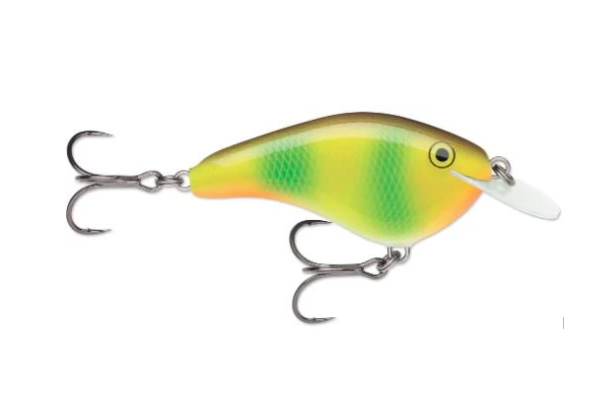 Yellow and green fishing lure with orange accents and two treble hooks.