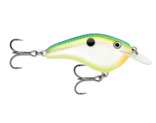 Citrus shad fishing lure with green back, white belly, and two treble hooks.