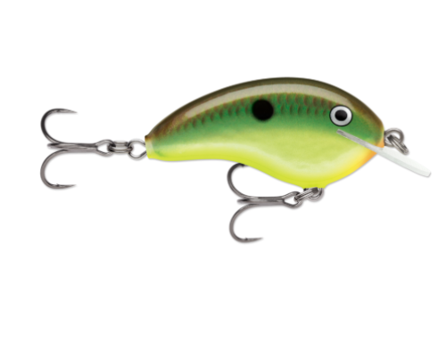 Green and yellow fishing lure with black eye spots, white lip, and silver hooks.